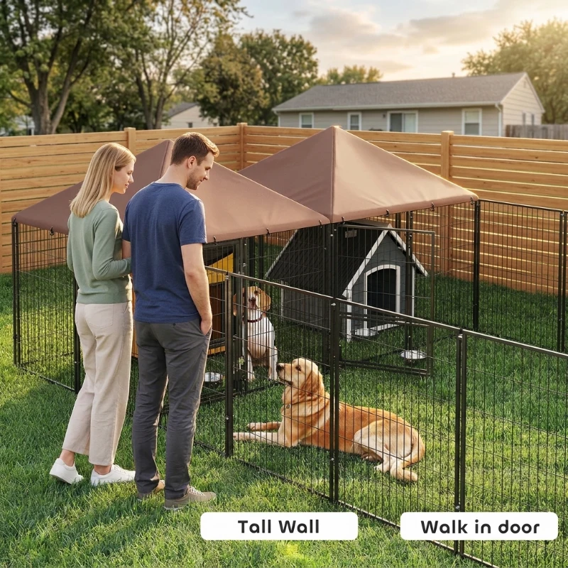 PawHut Large Outdoor Dog Kennel with 2 Rooms, Rotating & Adjustable Height Bowls, 13.5' x 9.4' x 5.1'(m-7)