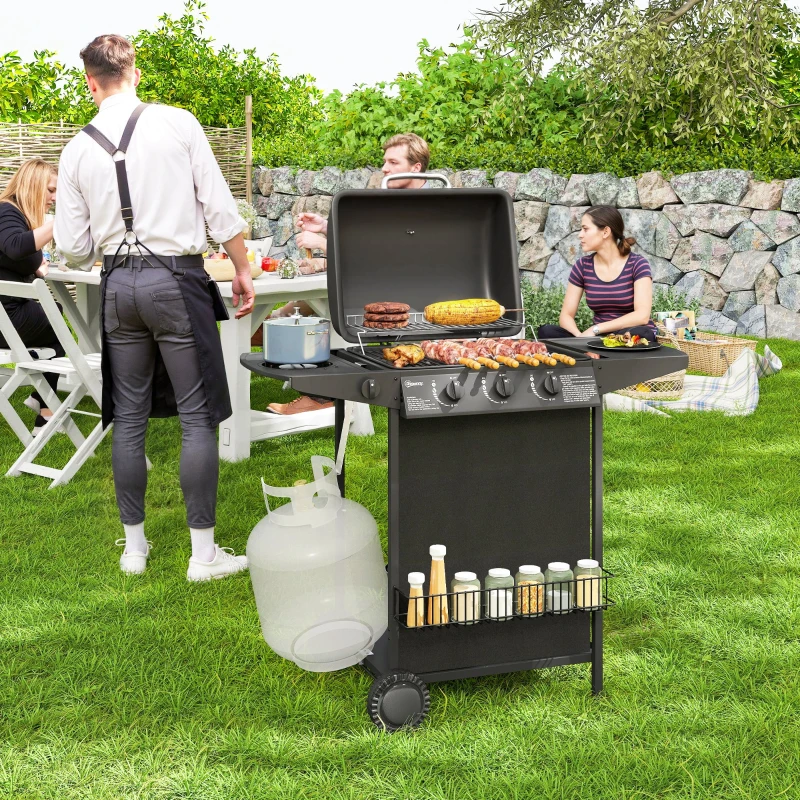 Outsunny 3+1 Burner Propane Gas BBQ Grill, Portable Gas Barbecue Grill with Side Burner, Thermometer, Lid, Side Table, Shelf, Spice Rack, Wheels, Grease Cup for Garden, Black