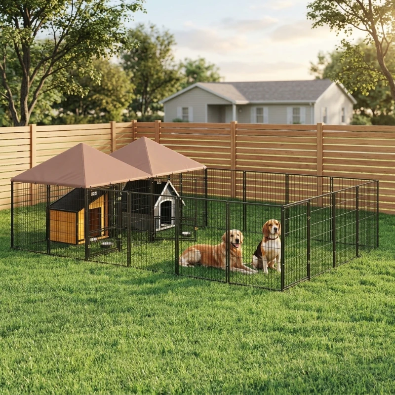 PawHut Large Outdoor Dog Kennel with 2 Rooms, Rotating & Adjustable Height Bowls, 13.5' x 9.4' x 5.1'(m-10)