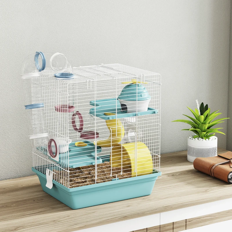 PawHut 3-Level Hamster Cage with Exercise Wheel, Play Tube, Water Bottle, Food Dish, Hut, Ladder, Blue