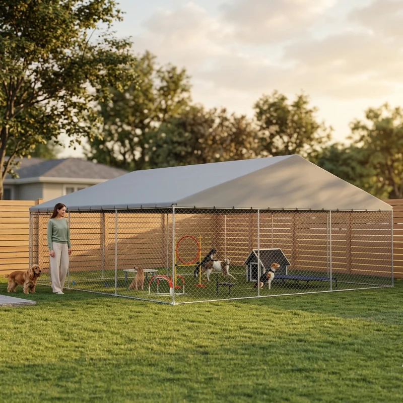 PawHut Heavy Duty Outdoor Dog Kennel with Waterproof Roof, Secure Latch, Chain Link Dog Run for Backyard, 19.7' x 19.7' x 8.9'