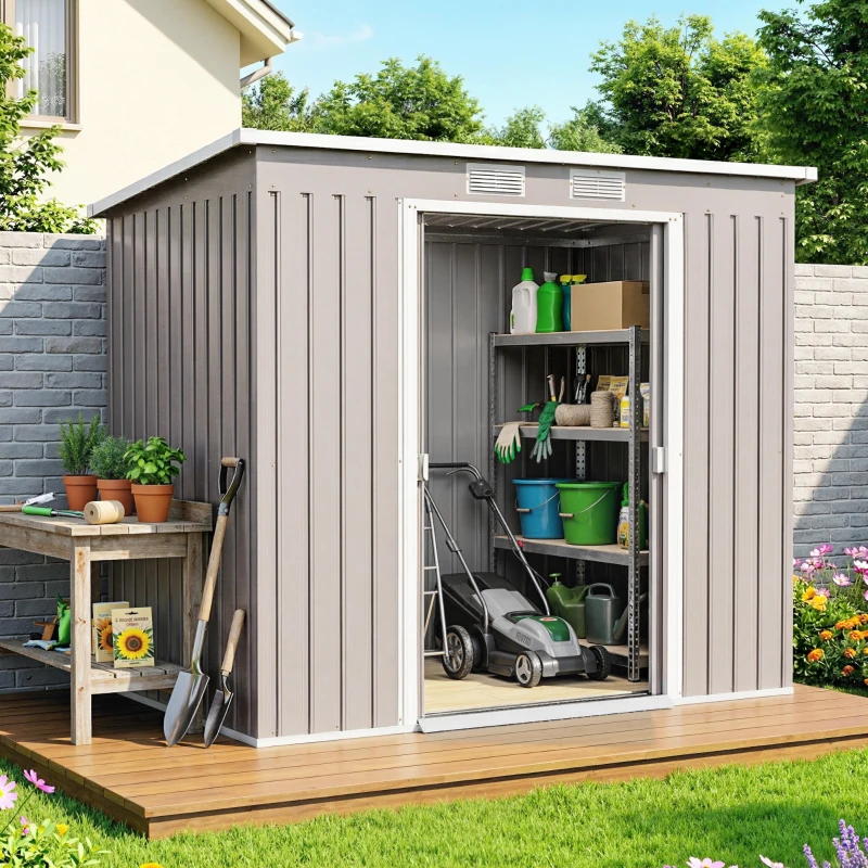 Outsunny 7' x 4' Galvanised Steel Garden Shed, with Foundation Kit - Grey