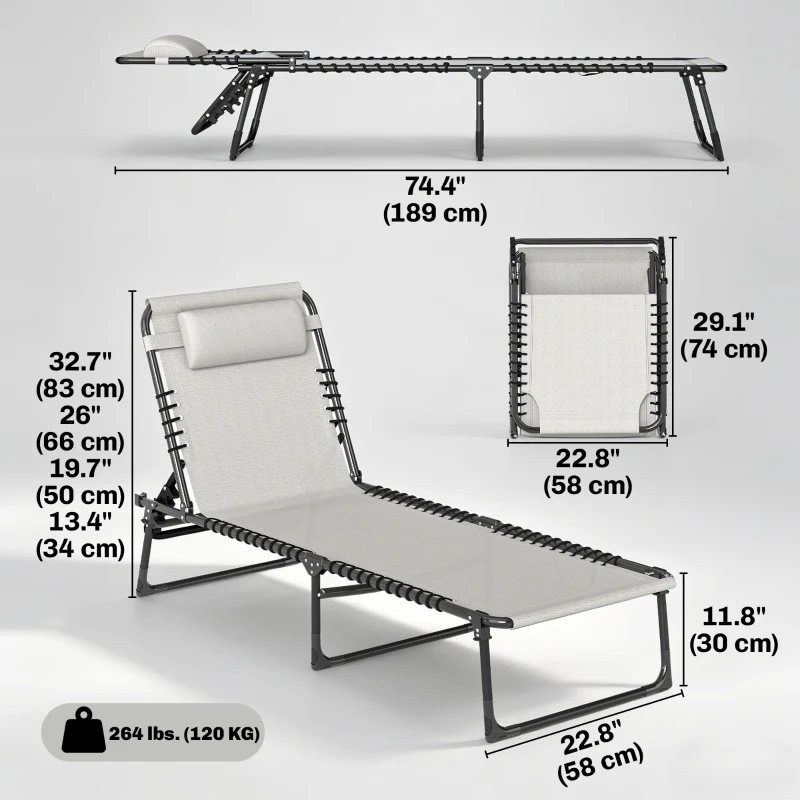 Outsunny Outdoor Folding Lounge Chair, 4-Level Adjustable Chaise Lounge with Headrest, Tanning Chair Beach Bed, Reclining Lounger Cot for Camping, Hiking, Backyard, Cream