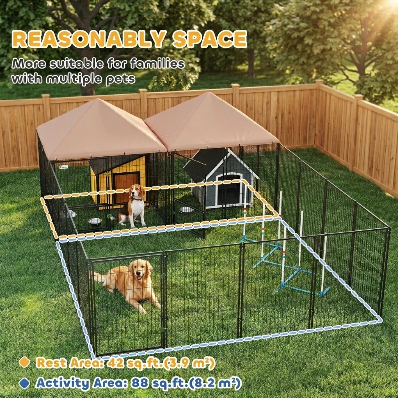 PawHut Large Outdoor Dog Kennel with 2 Rooms, Rotating & Adjustable Height Bowls, 13.5' x 9.4' x 5.1'(m-4)