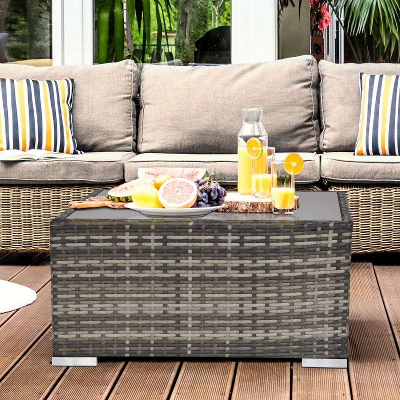 Outsunny Rattan Garden Coffee Table, 25.6" Square Garden Rattan Table with Tempered Glass Top, Deep Grey