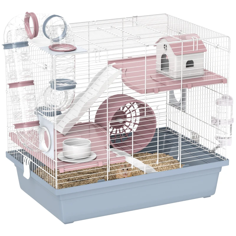 PawHut Hamster Cage, 3-Tier Small Animal Cage with Excerise Wheel, Food Bowl, Water Bottle, House, Tunnels, Ramps