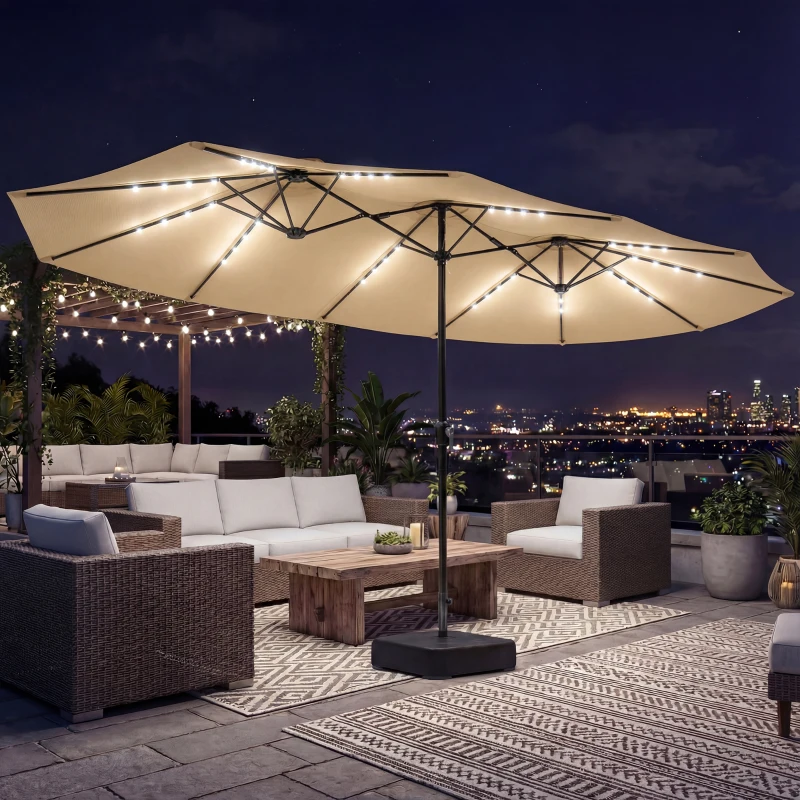 Outsunny Double-sided Patio Umbrella with Base Included & 48 LED Lights 15ft Khaki