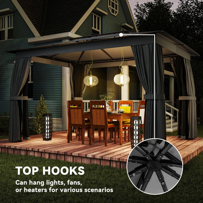 Outsunny 10' x 12' Outdoor Patio Gazebo, Soft Top Gazebo Canopy Shelter with Curtains, Netting, Steel Frame, Hooks, Dark Gray