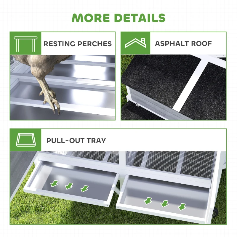 PawHut 59" Wooden Chicken Coop w/ Wheels, Handles, 2 Nesting Boxes, 2 Trays, 4 Perches, Chicken Tractor for 4-6 Chickens, Gray