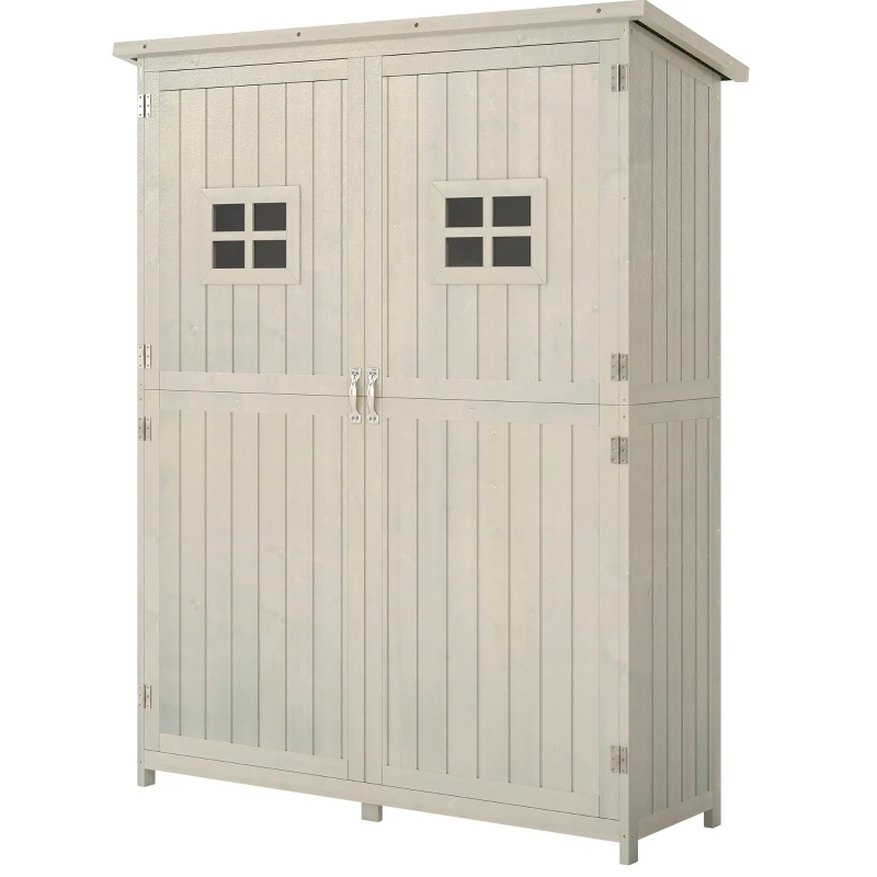 Outsunny 4x1.5ft Wooden Garden Sheds, Outdoor Storage with Windows and Double Door for Gardeners, Grey