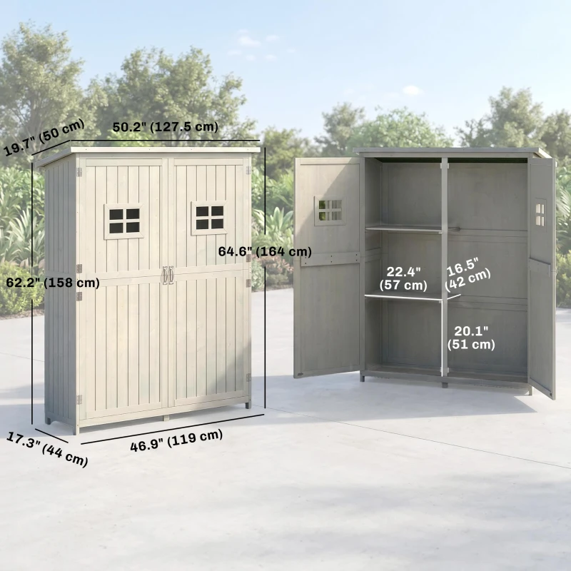 Outsunny 4x1.5ft Wooden Garden Sheds, Outdoor Storage with Windows and Double Door for Gardeners, Grey