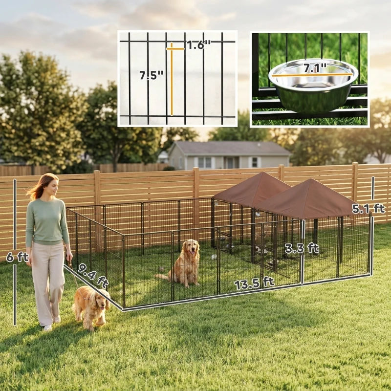 PawHut Large Outdoor Dog Kennel with 2 Rooms, Rotating & Adjustable Height Bowls, 13.5' x 9.4' x 5.1'(m-3)