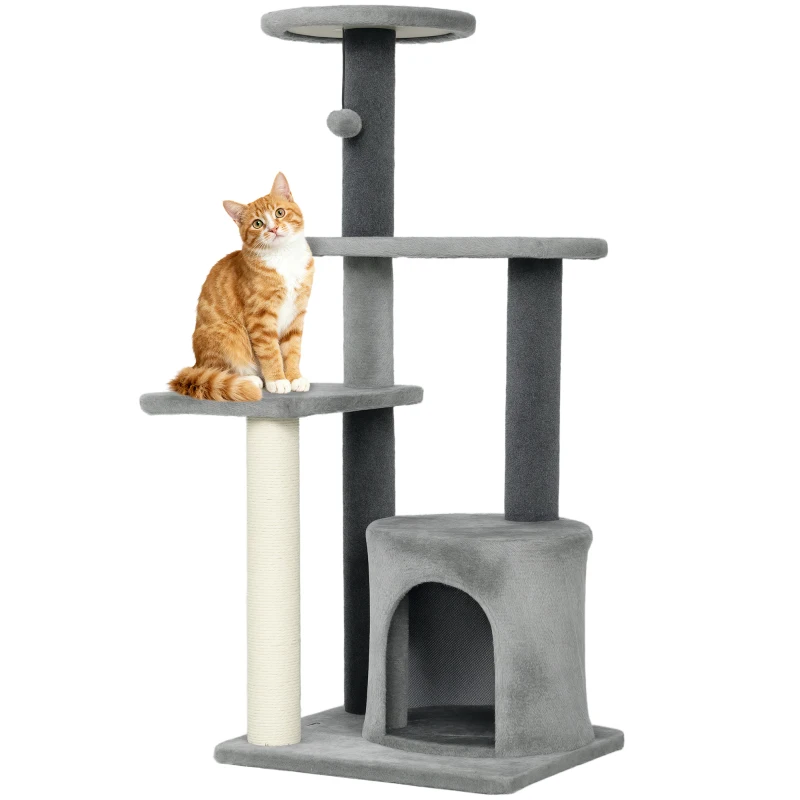PawHut Cat Tree Cat Tower Multi-Level with Sisal Scratching Post for Kittens and Adults Grey Large 41"H