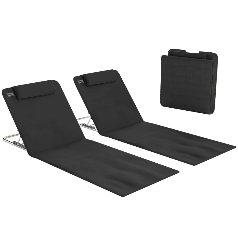 Outsunny 2 Pieces Beach Lounge Chair, Outdoor Folding Chaise Lounge Set w/ Pillow for Sunbath, Snap, Black