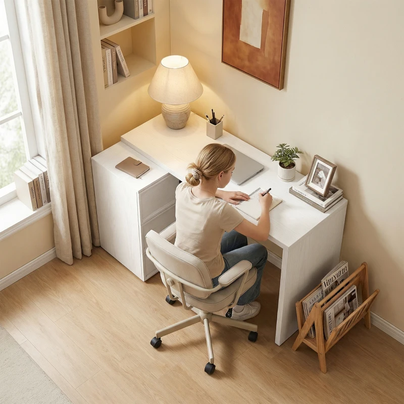 HOMCOM L Shaped Computer Desk Home Office Desk with 3 Drawers White Wood Grain