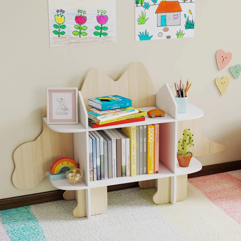 Qaba Dinosaur Themed Kids Bookshelf, 2 Tier Kids Bookcase, for Playroom, Bedroom, Living Room, Kids Room, Natural