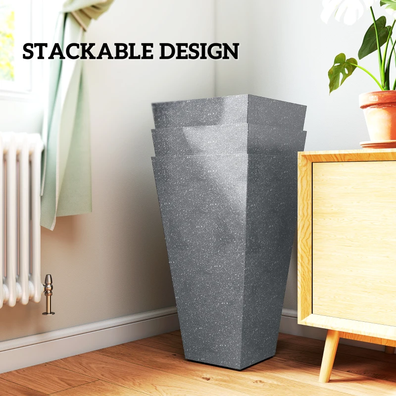 Outsunny 28" Tall Planters, Set of 3 Plastic Flower Pots with Marble Finish and Drainage Holes, Stackable Taper Planters, Gray