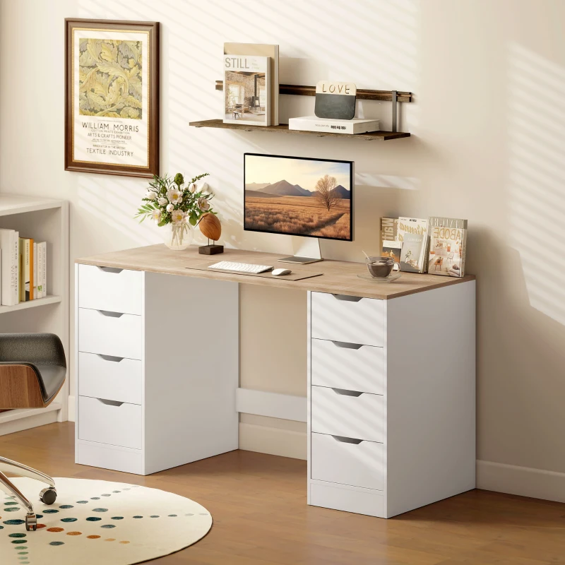 HOMCOM Desk with 8 Drawers, 55.1"W × 20.9"D × 29.5"H Modern Computer Desk for Office, Living Room, White