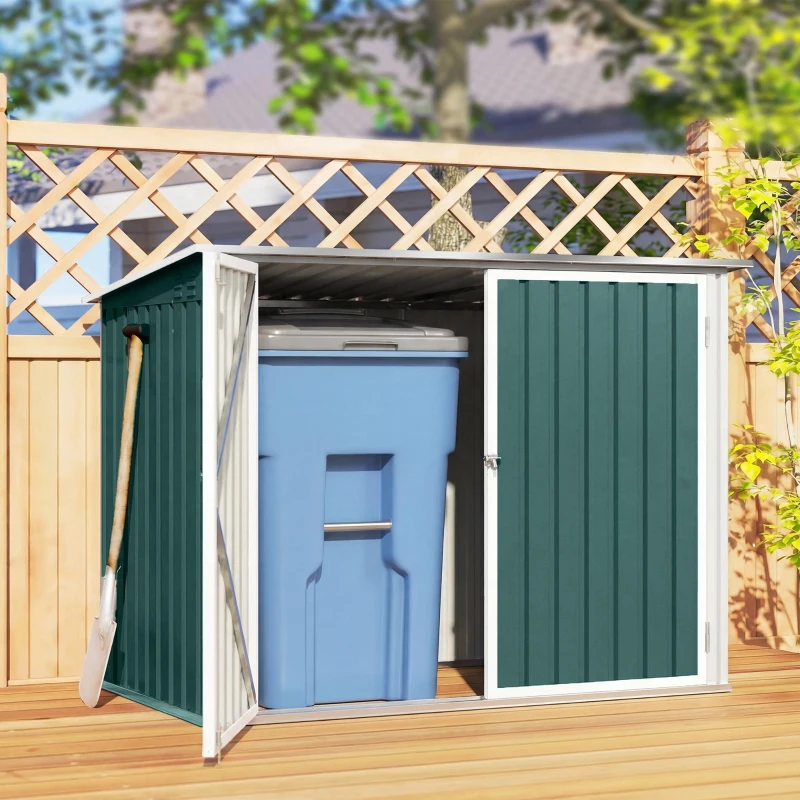 Outsunny Outdoor Steel Wheelie Trash Can, Storage Shed With Double Door & Lid Rubbish Cover for 2 Trash Cans