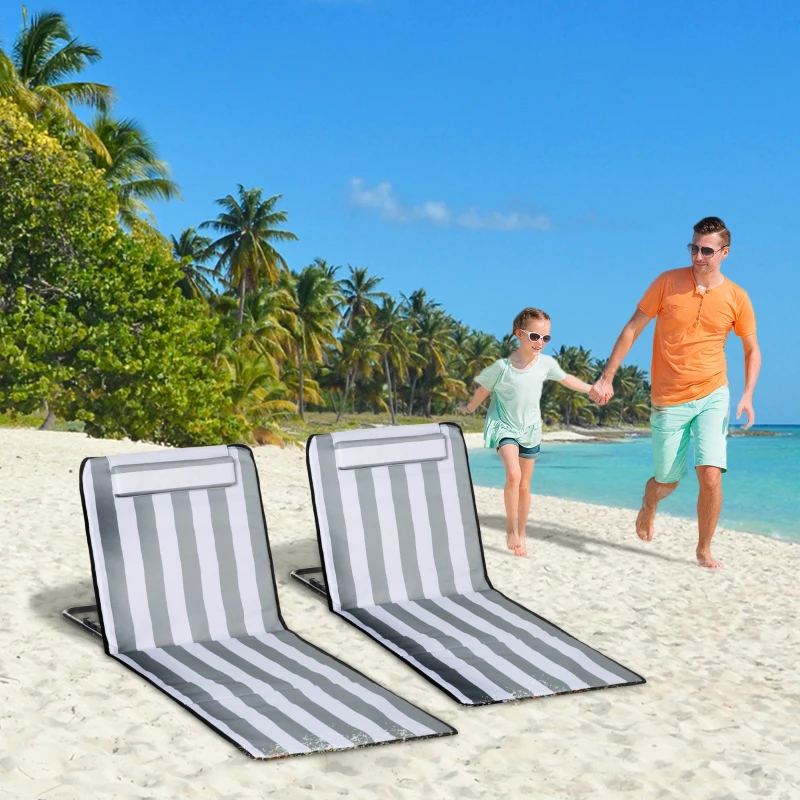 Outsunny 2 Pieces Beach Lounge Chair, Outdoor Folding Chaise Lounge Set w/ Pillow for Sunbath, Snap, Light Grey and White