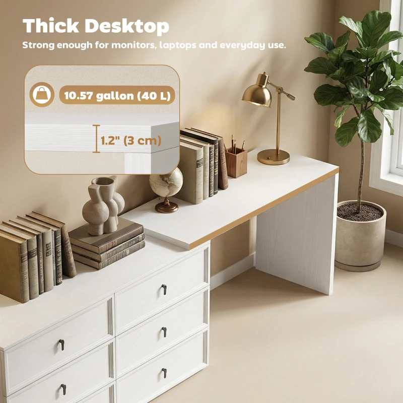 HOMCOM L Shaped Computer Desk Home Office Desk with 6 Drawers White Wood Grain