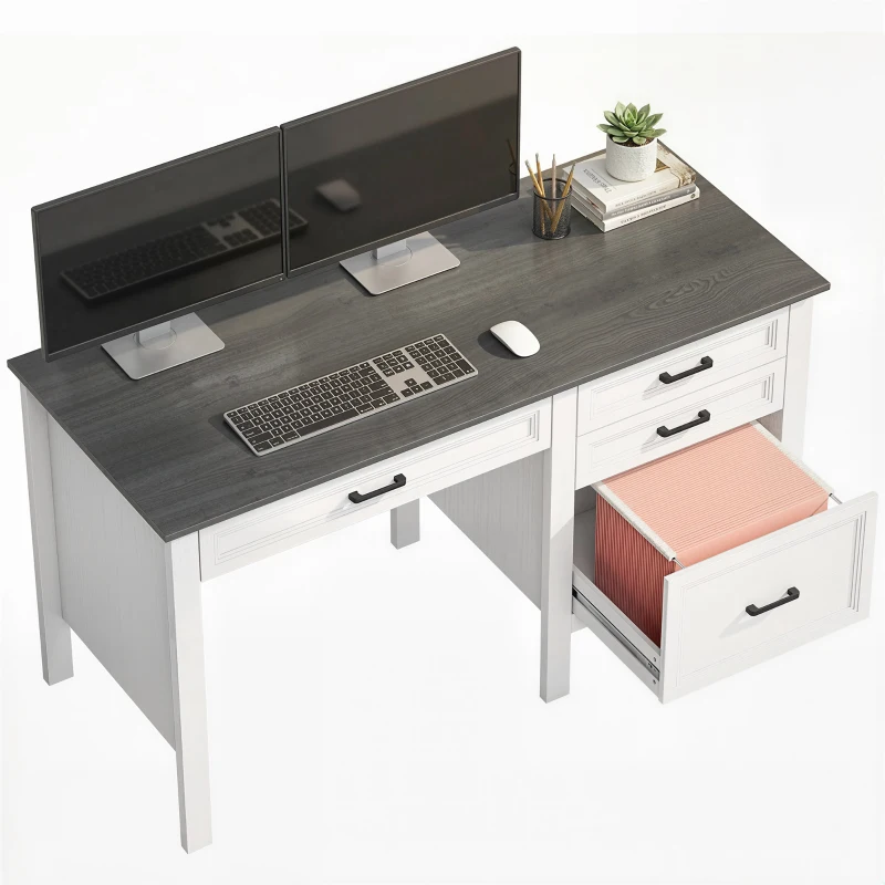 HOMCOM 54" Farmhouse Executive Desk, Computer Desk with Drawers, Adjustable Hanging Rails for for A4/Letter Size Files, White