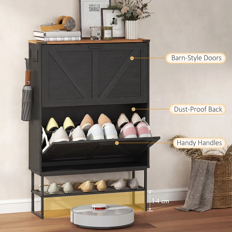 HOMCOM Narrow Shoe Storage Cabinet with 2 Flip Drawers, Slim Shoe Cabinet for 15-20 Pairs, Black Wood Grain