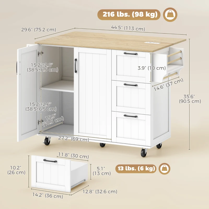 HOMCOM Kitchen Island with Drop Leaf, Rolling Kitchen Cart with Power Outlet, Cabinet, 3 Drawers, Spice Rack, Towel Bar, White