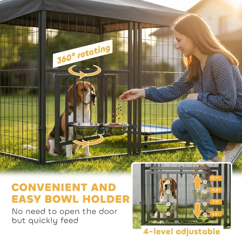 PawHut 5.9' x 5.9' x 6' Outdoor Dog Kennel with Roof, Rotating & 4-Level Adjustable Bowls