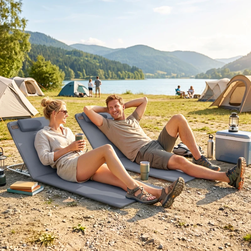 Outsunny 2 Pieces Beach Lounge Chair, Outdoor Folding Chaise Lounge Set w/ Pillow for Sunbath, Snap, Grey