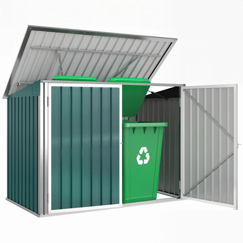Outsunny Outdoor Steel Wheelie Trash Can, Storage Shed With Double Door & Lid Rubbish Cover for 2 Trash Cans