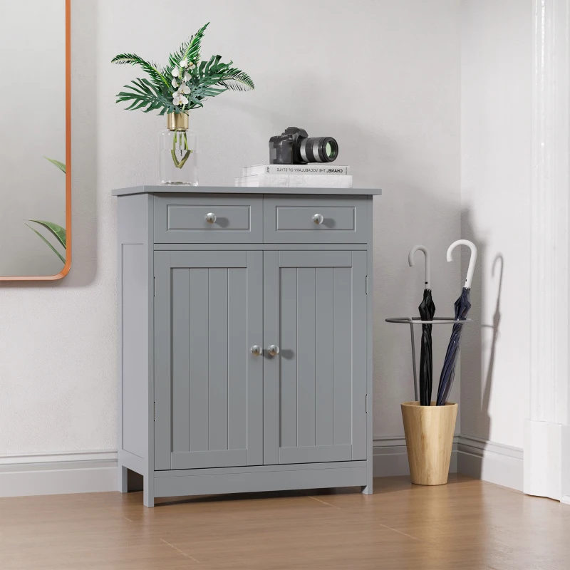 kleankin Freestanding Bathroom Floor Cabinet, Organizer Floor Tower with 2 Door, 2 Drawers, Adjustable Shelf, Grey