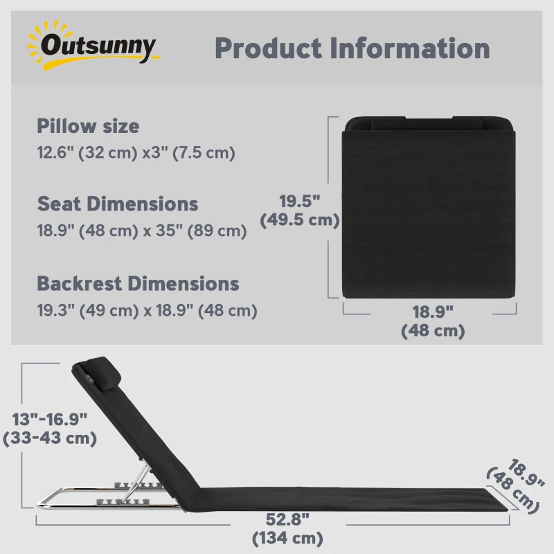 Outsunny 2 Pieces Beach Lounge Chair, Outdoor Folding Chaise Lounge Set w/ Pillow for Sunbath, Snap, Black
