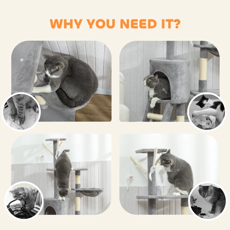 PawHut 53" Cat Tree Tower, Kitten Activity Centre with Scratching Posts, Condo, Perches, Ladder, Hammock, Dangling Toys, Grey