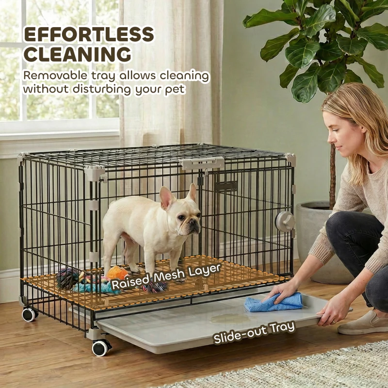PawHut Foldable Dog Crate, 24 Inch Metal Dog Cage with Removable Tray, Lockable Wheels, 2 Doors for Small Medium Breeds, Black