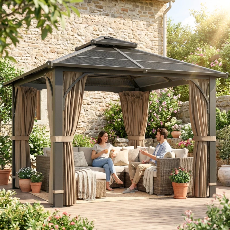 Outsunny 10' x 10' Hardtop Gazebo with 7mm Polycarbonate Double-Tier Roof, Outdoor Gazebo with Netting and Curtains, Khaki