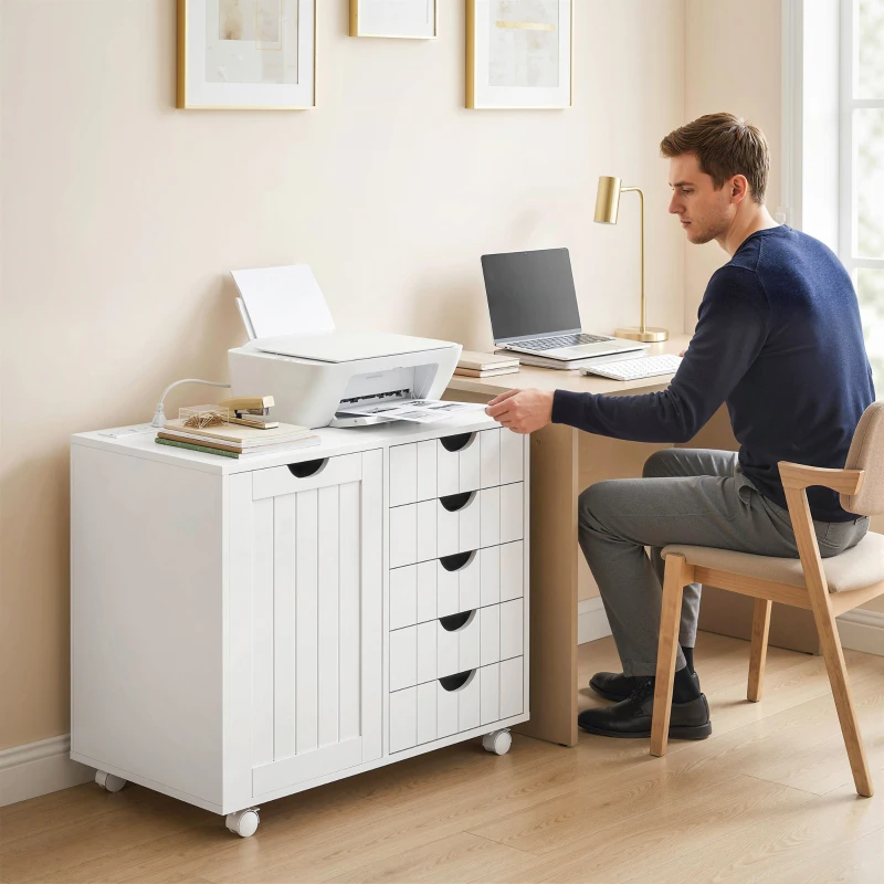 HOMCOM Mobile Lateral Filing Cabinet with 5 Drawers, Printer Stand with Power Outlets and USB Ports for Home Office, White
