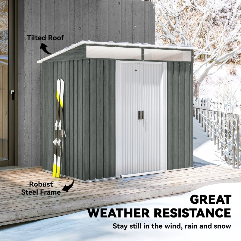 Outsunny 6.5x4FT Galvanised Metal Shed with Foundation Kit, Lockable Garden Tool Storage House with Sliding Doors, Vents, Grey