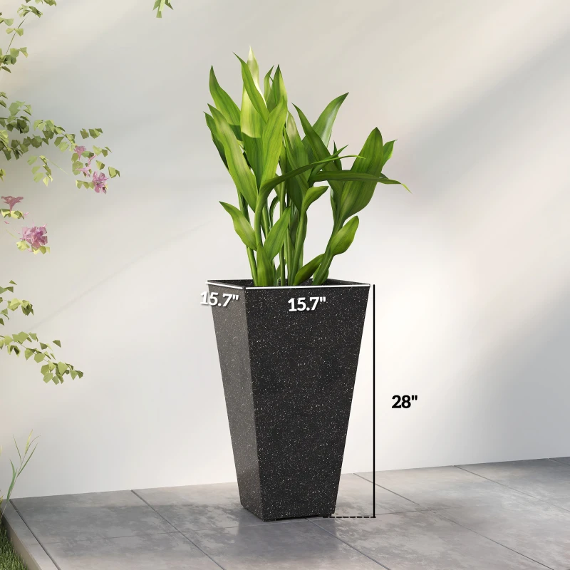 Outsunny 28" Tall Planters, Set of 3 Plastic Flower Pots with Marble Finish and Drainage Holes, Stackable Taper Planters, Black