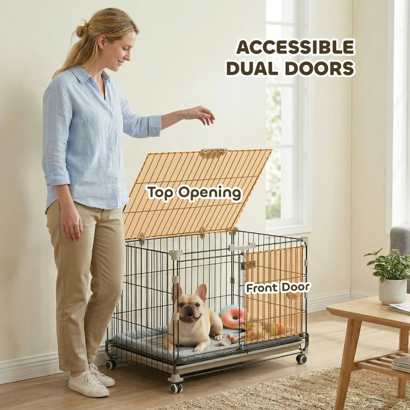 PawHut Foldable Dog Crate, 24 Inch Metal Dog Cage with Removable Tray, Lockable Wheels, 2 Doors for Small Medium Breeds, Black