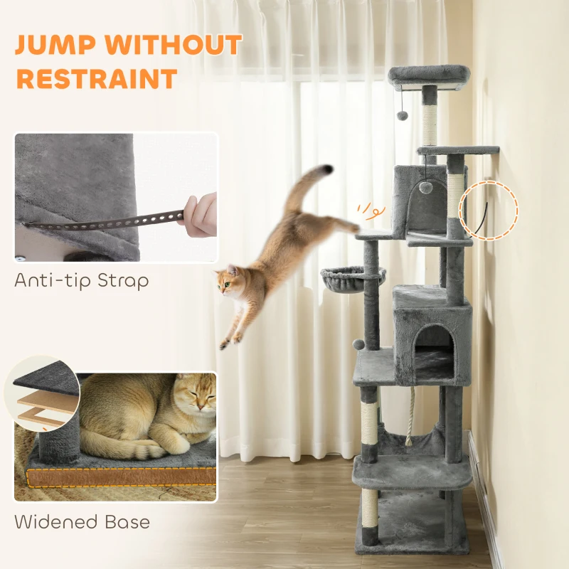PawHut Multi-Level Cat Tower, 80" Tall Cat Tree, with 2 Condos, 2 Hammocks, 6 Sisal Scratching Posts, Dark Gray