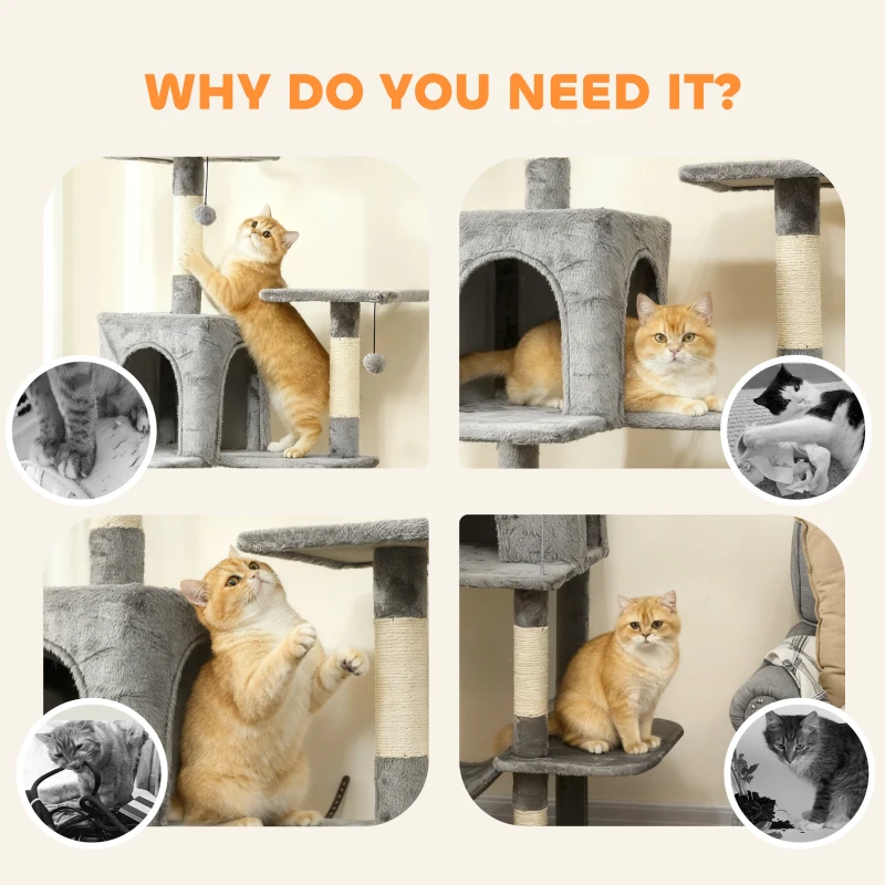 PawHut Multi-Level Cat Tower, 80" Tall Cat Tree, with 2 Condos, 2 Hammocks, 6 Sisal Scratching Posts, Dark Gray