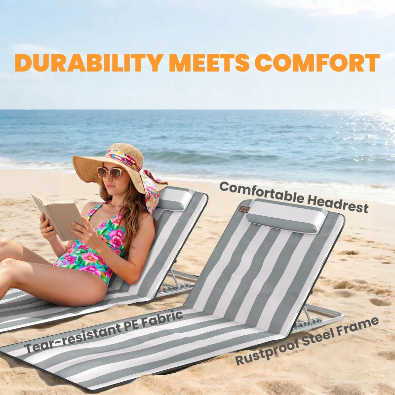 Outsunny 2 Pieces Beach Lounge Chair, Outdoor Folding Chaise Lounge Set w/ Pillow for Sunbath, Snap, Light Grey and White