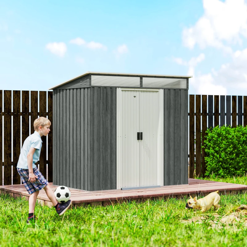 Outsunny 6.5x4FT Galvanised Metal Shed with Foundation Kit, Lockable Garden Tool Storage House with Sliding Doors, Vents, Grey