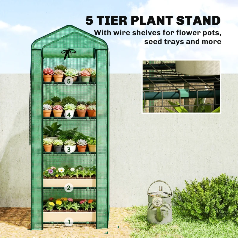 Outsunny Mini Greenhouse with Screen Roof, 5 Tier Portable Small Greenhouse with High Strength PE Cover, Green