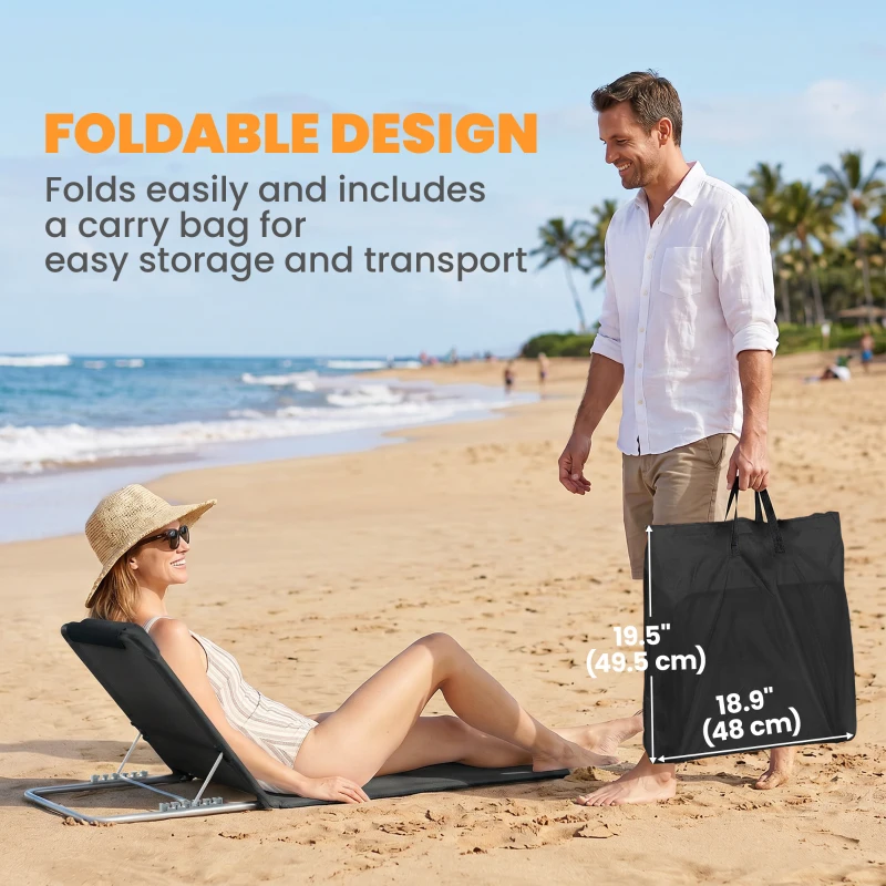 Outsunny 2 Pieces Beach Lounge Chair, Outdoor Folding Chaise Lounge Set w/ Pillow for Sunbath, Snap, Black