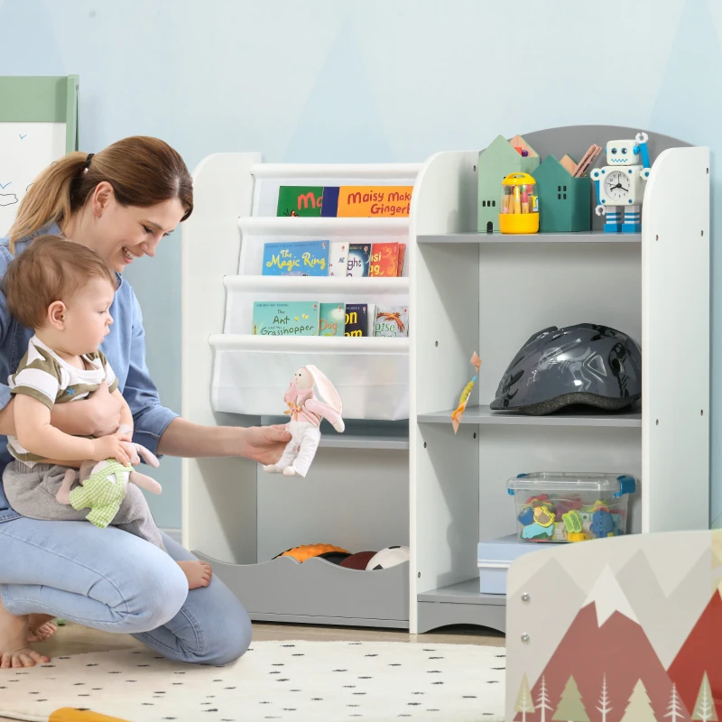 Qaba Kids Toy Storage Organizer Shelf, Children Bookshelf for Bedroom, Playroom, Nursery, Grey