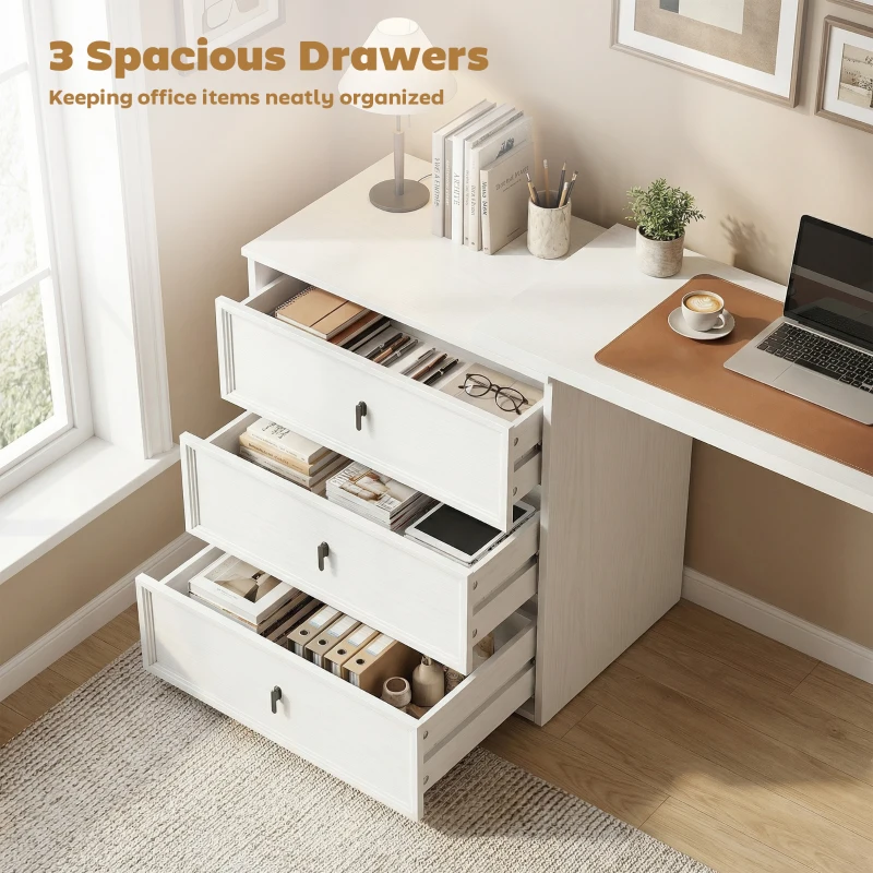 HOMCOM L Shaped Computer Desk Home Office Desk with 3 Drawers White Wood Grain