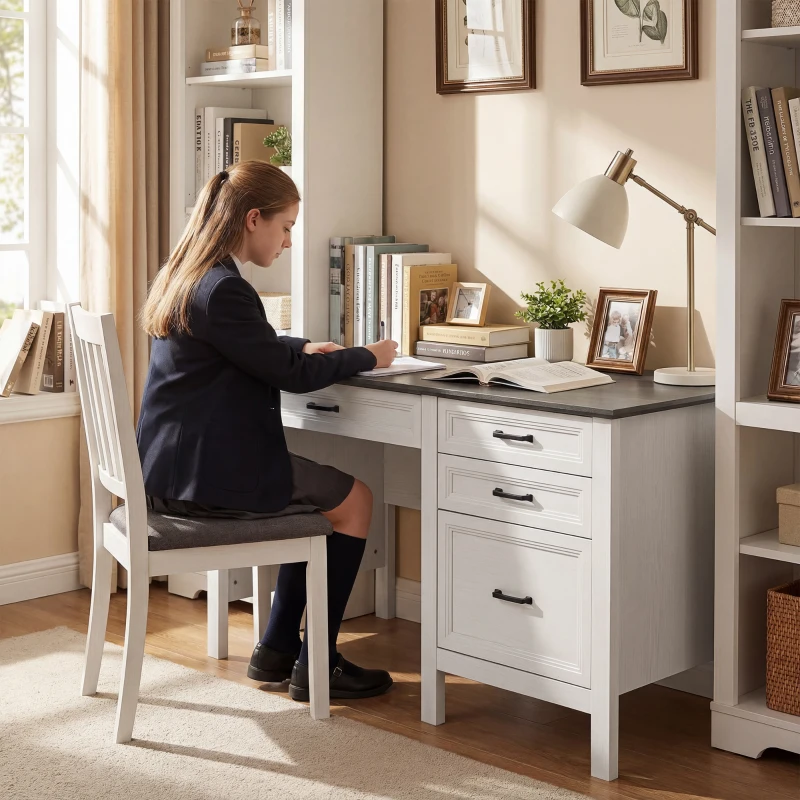 HOMCOM 54" Farmhouse Executive Desk, Computer Desk with Drawers, Adjustable Hanging Rails for for A4/Letter Size Files, White