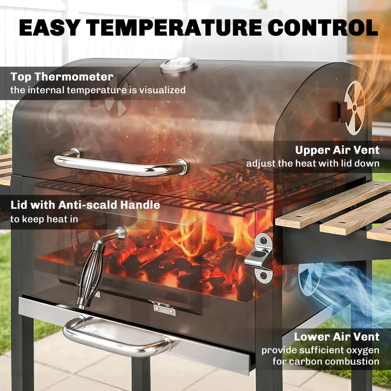 Outsunny 20" Charcoal BBQ Grill Barbecue on Wheels with Adjustable Charcoal Pan, Spacious Cooking Area, 3 Shelves, Thermometer
